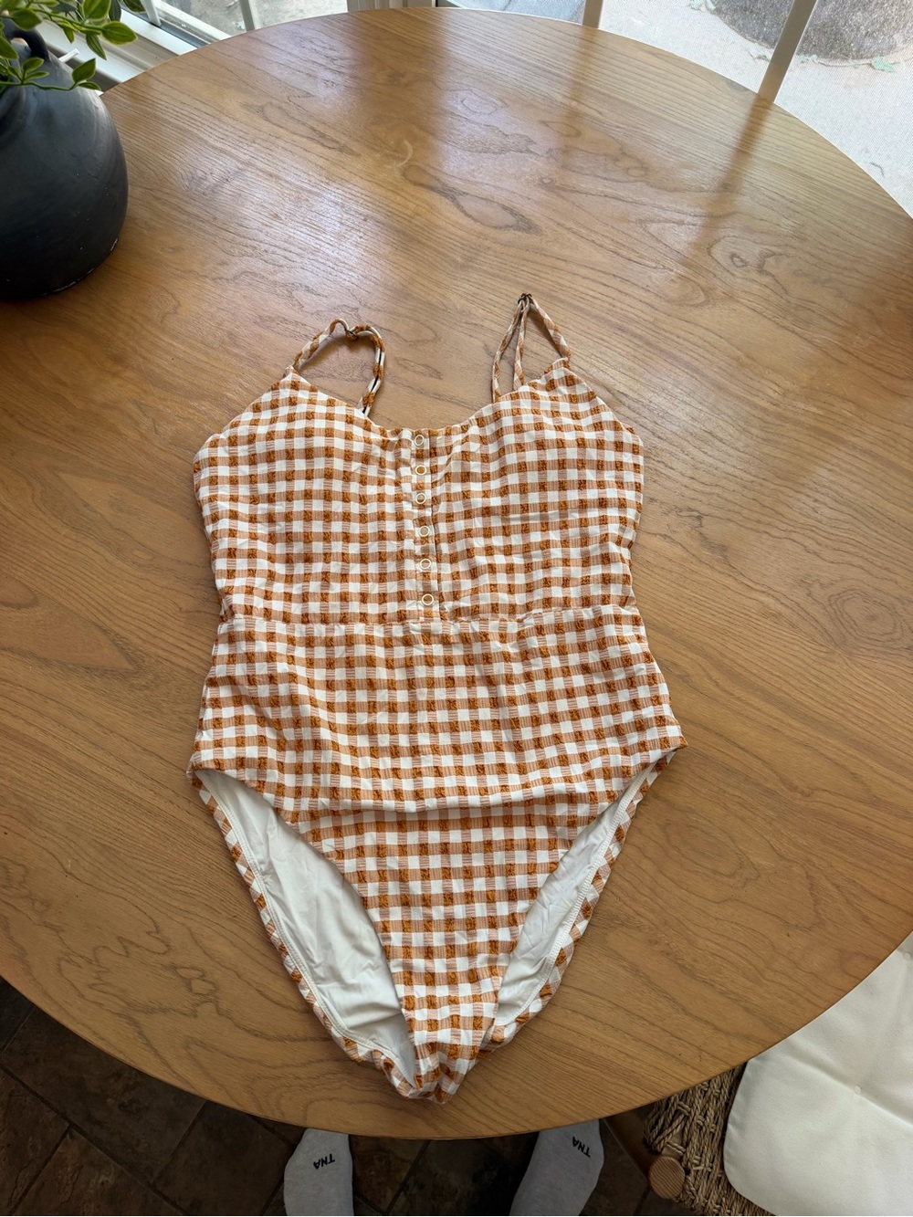 Gingham One-Piece Swimsuit in Tan and White ANDIE SWIM no flaws